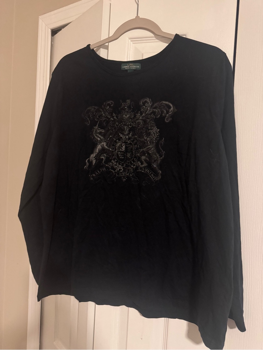 Lauren Ralph Lauren Black Gothic Crest Long Sleeve Graphic Tee Top Plus Size 2X